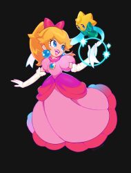 Rule 34 | 2girls, black background, blonde hair, blue eyes, bow, closed mouth, commentary, dress, earrings, elbow gloves, english commentary, full body, gloves, hair bow, highres, jewelry, k0smic aries, long hair, looking at another, mario (series), multiple girls, nintendo, open mouth, pink bow, pink dress, ponytail, princess peach, princess peach: showtime!, puffy short sleeves, puffy sleeves, short sleeves, simple background, smile, sphere earrings, stella (peach), white gloves