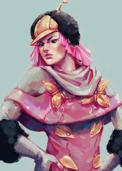 Rule 34 | 1girl, blurry, blurry background, elbow gloves, formal, gloves, hat, highres, hot pants (sbr), jojo no kimyou na bouken, lipstick, looking at viewer, makeup, pink hair, pink suit, short hair, solo, steel ball run, suit, white gloves, zookhini