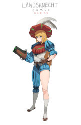 Rule 34 | 1girl, adapted costume, arm cannon, blonde hair, blue eyes, breasts, codpiece, formal, glowing, gun, highres, jason kim, long hair, looking at viewer, metroid, metroid dread, mole, mole under mouth, nintendo, ponytail, samus aran, simple background, single thighhigh, solo, thighhighs, weapon