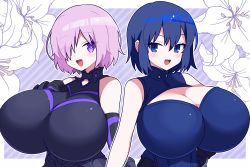 Rule 34 | 2girls, alternate breast size, armor, armored dress, blue eyes, blue hair, breasts, bright pupils, ciel (tsukihime), cleavage, dadadanoda, dress, elbow gloves, fate/grand order, fate (series), gloves, huge breasts, light purple hair, looking at viewer, mash kyrielight, multiple girls, powered ciel, purple eyes, purple hair, short hair, sleeveless, sleeveless dress, smile, tsukihime, tsukihime (remake)