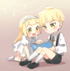 Rule 34 | 1boy, 1girl, aged down, all fours, bare arms, bare legs, black footwear, black shorts, blonde hair, blunt bangs, book, bow, brother and sister, child, creatures (company), dress, game freak, gladion (pokemon), gradient background, green eyes, hair bow, hair down, hairband, holding, holding book, juliet sleeves, leaning forward, lillie (pokemon), long hair, long sleeves, nintendo, on floor, pointing, pokemon, pokemon sm, puffy sleeves, reading, shirt, short hair, short sleeves, shorts, siblings, socks, suspenders, thick eyebrows, ukata, white dress, white hairband