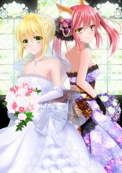Rule 34 | 10s, 2girls, ahoge, alternate costume, animal ears, back, back-to-back, bare back, bare shoulders, black gloves, blonde hair, blush, bouquet, breasts, bridal veil, bride, cleavage, dress, elbow gloves, fate/extra, fate (series), female focus, flower, formal, fox ears, fox tail, gloves, green eyes, hair between eyes, holding, jewelry, long hair, looking at viewer, looking back, multiple girls, neck, necklace, nero claudius (fate), nero claudius (fate) (all), nero claudius (fate/extra), pink hair, purple dress, short hair, smile, standing, strapless, strapless dress, tail, tamamo (fate), tamamo no mae (fate/extra), veil, wedding dress, white dress, white gloves, yellow eyes, yuzushiro (sei)