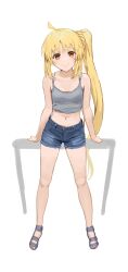 Rule 34 | 1girl, absurdres, ahoge, bare shoulders, barefoot, blonde hair, bocchi the rock!, breasts, camisole, carlo montie, closed mouth, denim, denim shorts, female focus, full body, highres, ijichi nijika, long hair, looking at viewer, midriff, navel, orange eyes, sandals, short shorts, shorts, side ponytail, simple background, small breasts, smile, solo, standing, tank top