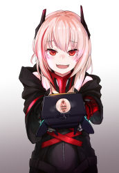 Rule 34 | 1girl, :d, banana (girls&#039; frontline), blush, dinergate (girls&#039; frontline), fang, girls&#039; frontline, gradient background, headgear, hood, hooded jacket, jacket, looking at viewer, m4 sopmod ii (girls&#039; frontline), mechanical arms, og (erfv4822), open mouth, pink hair, pussy, pussy juice, red eyes, smile, solo