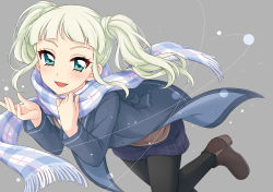 Rule 34 | 1girl, :d, absurdres, aikatsu!, aikatsu! (series), ankle boots, black pantyhose, blonde hair, blue eyes, blush, boots, brown footwear, fang, grey background, grey jacket, highres, jacket, long sleeves, looking at viewer, open clothes, open jacket, open mouth, pantyhose, purple shorts, sekina, short shorts, shorts, simple background, smile, solo, todo yurika, twintails