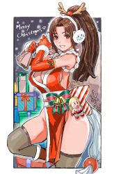 Rule 34 | 1girl, absurdres, andy bogard, animal earmuffs, bad id, bad twitter id, bare shoulders, bell, breasts, brown eyes, brown hair, christmas, cleavage, doll, earmuffs, elbow gloves, fatal fury, gift, gloves, hair ornament, high ponytail, highres, holding, holding sack, japanese clothes, large breasts, lips, long hair, looking at viewer, merry christmas, ninja, parted bangs, parted lips, red gloves, revealing clothes, sack, santa costume, shiranui mai, shiren (ourboy83), skindentation, snow, teeth, the king of fighters, thighhighs, thighs