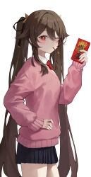 Rule 34 | 1girl, absurdres, brown hair, flower-shaped pupils, food, food in mouth, genshin impact, highres, hu tao (genshin impact), long sleeves, nea (nea 77), one eye closed, pocky, pocky in mouth, simple background, solo, symbol-shaped pupils, twintails