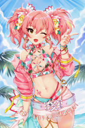 Rule 34 | 1girl, absurdres, beach, bikini, blue sky, blush, bracelet, breasts, cleavage, cloud, commentary request, cowboy shot, day, earrings, gloves, heart, heart earrings, heart tattoo, highres, idol, idolmaster, idolmaster cinderella girls, jewelry, jougasaki mika, korean commentary, large breasts, long hair, looking at viewer, multicolored nails, nail polish, navel, ocean, one eye closed, open mouth, palm tree, pink hair, pink nails, pinkiepies2, pointing, shorts, single glove, sky, smile, solo, stomach tattoo, sunlight, swimsuit, tattoo, thigh gap, thighs, tree, twintails, white gloves, white nails, white shorts, wink, yellow eyes, yellow nails