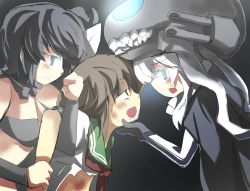 Rule 34 | 10s, 4girls, abyssal ship, black hair, blue eyes, brown hair, chi-class torpedo cruiser, commentary request, drooling, empty eyes, eye contact, gaoo (frpjx283), glowing, glowing eye, grabbing another&#039;s chin, gradient background, green eyes, hand on another&#039;s chin, hat, highres, injury, kantai collection, long hair, looking at another, looking down, looking up, multiple girls, murasa minamitsu, no headwear, open mouth, restrained, ri-class heavy cruiser, saliva, short hair, touhou, white hair, wo-class aircraft carrier