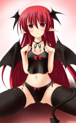 Rule 34 | 1girl, bat wings, blush, bow, camisole, demon tail, embodiment of scarlet devil, female focus, frown, gisyo, gradient background, head wings, highres, koakuma, panties, pointy ears, red eyes, red hair, see-through, solo, tail, thighhighs, touhou, underwear, wings