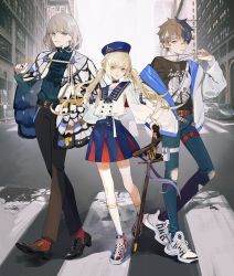 Rule 34 | 1girl, 2boys, absurdres, alternate costume, artoria caster (fate), artoria pendragon (fate), bag, bandaged neck, bandages, bandaid, bandaid on face, bandaid on nose, belt, black footwear, black pants, black shirt, blonde hair, blouse, blue eyes, blue headwear, blue pants, brown hair, building, car, closed mouth, coat, earrings, fate/grand order, fate (series), fujimaru ritsuka (male), green eyes, hat, highres, holding, holding jewelry, holding necklace, holding staff, holding stick, jewelry, long hair, looking at viewer, motor vehicle, multiple boys, necklace, necktie, oberon (fate), pale skin, pants, parai0, patterned clothing, pedestrian crossing sign, puffy sleeves, ring, serious, shirt, shoes, short hair, sidelocks, skirt, smile, sneakers, staff, standing, stick, twintails, vest, white footwear, white legwear