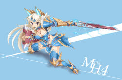 Rule 34 | 1girl, armor, between breasts, bikini armor, blue background, blue thighhighs, blush, breasts, capcom, chestnut mouth, cleavage, collarbone, electricity, fighting stance, fur trim, gauntlets, highres, holding, holding sword, holding weapon, kurokage, large breasts, long hair, looking at viewer, monster hunter, monster hunter (series), monster hunter 4, navel, open mouth, pauldrons, red eyes, shoulder armor, solo, sword, text focus, thighhighs, title, weapon, white hair, zinogre (armor)
