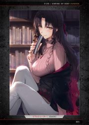 Rule 34 | 1girl, aran sweater, artist name, black hair, black jacket, blush, book, bookshelf, breasts, cable knit, casual, closed mouth, commentary, cowboy shot, day, english text, eyelashes, fate/empire of dirt, fate (series), gradient hair, hair between eyes, hair ribbon, haoni, highres, holding, holding book, indoors, jacket, jewelry, large breasts, light particles, lips, long hair, looking at viewer, multicolored hair, necklace, off shoulder, page number, pants, parted bangs, pendant, pink sweater, red hair, ribbed sweater, ribbon, sessyoin kiara, sitting, smile, solo, straight hair, sunlight, sweater, turtleneck, turtleneck sweater, two-tone hair, white pants, yellow eyes
