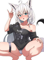 Rule 34 | 1girl, ahoge, animal ear fluff, animal ears, arm up, ass, barefoot, black shirt, blue eyes, blush, braid, breasts, cameltoe, cleavage, eru (l illust45), fox ears, fox girl, fox shadow puppet, fox tail, highres, hololive, long hair, medium breasts, no bra, no pants, off shoulder, open mouth, panties, ponytail, see-through, see-through silhouette, shadow puppet, shirakami fubuki, shirt, short sleeves, solo, spread legs, squatting, tail, thigh strap, underwear, very long hair, virtual youtuber, white hair, white panties