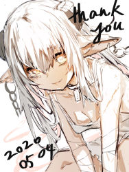Rule 34 | 1girl, bandaged arm, bandages, bare arms, bare shoulders, breasts, broken horn, closed mouth, dated, downblouse, dress, ear piercing, hair between eyes, horns, long hair, looking at viewer, original, piercing, pointy ears, sketch, sleeveless, sleeveless dress, small breasts, smile, solo, thank you, very long hair, white background, white dress, white hair, yellow eyes, yuuji (yukimimi)