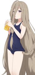 Rule 34 | absurdres, brown hair, camui1104, commentary request, cup, drinking, drinking straw, flat chest, hair between eyes, highres, holding, holding cup, long hair, looking at viewer, one-piece swimsuit, pink eyes, prehensile hair, school swimsuit, sense (sousou no frieren), simple background, sousou no frieren, swimsuit, very long hair, white background