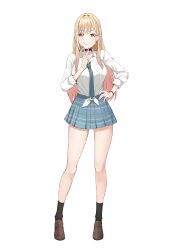 Rule 34 | 1girl, absurdres, barbell piercing, batto neko, black choker, black socks, blonde hair, blue necktie, blue skirt, blush, breast pocket, breasts, brown footwear, choker, commentary request, ear piercing, earrings, full body, grin, gyaru, hand on own hip, highres, industrial piercing, jewelry, kitagawa marin, large breasts, loafers, long hair, looking at viewer, necktie, piercing, plaid, plaid skirt, pocket, red eyes, ring, school uniform, shirt, shoes, skirt, smile, socks, solo, sono bisque doll wa koi wo suru, standing, swimsuit, teeth, tied shirt, transparent background, v