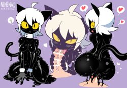 Rule 34 | 1boy, 1girl, :&lt;, animal ears, ass, black cat, black skin, breasts, cat, cat ears, cat girl, claws, collar, colored sclera, colored skin, commission, commissioner upload, fang, fellatio, heart, highres, licking, licking penis, looking at viewer, monster girl, nenekoko (rariatto), non-web source, nude, open mouth, oral, original, penis, rariatto (ganguri), sex, slime girl, slit pupils, spoken heart, tongue, tongue out, vaginal, white collar, white hair, yellow sclera
