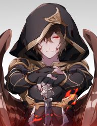 Rule 34 | 1boy, armor, black armor, black gloves, blood, blood on face, blood splatter, blood on clothes, brown hair, brown wings, commentary request, empty eyes, feathered wings, fingerless gloves, gloves, gold trim, granblue fantasy, grey background, highres, hizuki miya, holding, holding sword, holding weapon, hood, hood up, male focus, red eyes, sandalphon (granblue fantasy), short hair, simple background, smile, solo, sword, upper body, weapon, wings