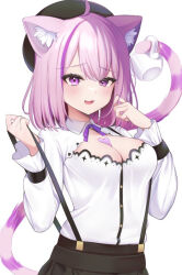 Rule 34 | 1girl, ahoge, animal ears, beret, black hat, bob cut, breasts, cat ears, cat girl, cat tail, cleavage, cleavage cutout, clothing cutout, cup, fang, hair over one eye, hat, holding, holding with tail, hololive, long sleeves, looking at viewer, medium breasts, medium hair, multicolored hair, neck ribbon, negima (le ne38), nekomata okayu, nekomata okayu (wonderland), official alternate costume, official alternate hairstyle, open mouth, prehensile tail, purple eyes, purple hair, purple ribbon, ribbon, shirt, skin fang, smile, solo, straight hair, streaked hair, suspenders, suspenders pull, swept bangs, tail, teacup, virtual youtuber, white shirt
