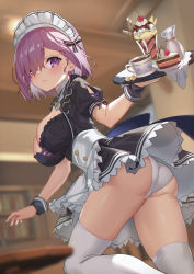 Rule 34 | 1girl, absurdres, alternate costume, apron, ass, black bow, black dress, blush, bow, breasts, cherry, cleavage, closed mouth, commentary request, cup, dress, duan zhu, fate/grand order, fate (series), food, from behind, fruit, hair bow, hair over one eye, highres, holding, holding tray, indoors, large breasts, looking at viewer, looking back, maid headdress, mash kyrielight, panties, pantyshot, pie, pie slice, puffy short sleeves, puffy sleeves, purple eyes, purple hair, shiny skin, short hair, short sleeves, slit pupils, smile, solo, thighhighs, tray, trefoil, underwear, waist apron, waitress, white apron, white panties, white thighhighs