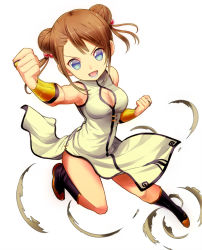 Rule 34 | 1girl, aged down, alternate color, alternate costume, bad id, bad pixiv id, blue eyes, boots, breasts, brown hair, capcom, china dress, chinese clothes, chun-li, cleavage, cleavage cutout, clothing cutout, double bun, dress, hair bun, medium breasts, open mouth, pelvic curtain, sandarumi, solo, street fighter