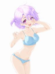 Rule 34 | 1boy, arm up, blue bra, blue panties, blush, bra, braid, breast padding, bulge, collarbone, cowboy shot, french braid, hand on own cheek, hand on own face, highres, light purple hair, looking at viewer, navel, open mouth, original, panties, pink eyes, second-party source, short hair, simple background, smile, solo, sports bra, trap, underwear, underwear only, white background, yukinon (tsuki koubou)