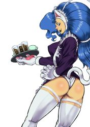 Rule 34 | 1girl, alternate costume, animal ears, animal hands, apron, ass, big hair, blue eyes, blue hair, breasts, cat ears, cat girl, cat tail, covered erect nipples, cowboy shot, drink, enmaided, felicia (vampire), female focus, fur, glass, large breasts, long hair, maid, maid apron, maid headdress, matching hair/eyes, mono (monotonerhythm), panties, pantyshot, solo, standing, tail, thighhighs, tray, underwear, vampire (game), white panties