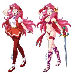 Rule 34 | 1girl, absurdres, asamiya athena, bikini, blue eyes, character request, copyright request, danmakuman, fingerless gloves, fluttershy, gloves, highres, holding, holding sword, holding weapon, long hair, looking at viewer, multiple views, open mouth, pantyhose, pink hair, red bikini, red footwear, red gloves, red pantyhose, red skirt, shirt, signature, simple background, skirt, smile, socks, standing, swimsuit, sword, v, weapon, white background, white shirt, white socks