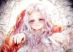 Rule 34 | 1girl, bandages, blood, blood stain, blouse, boku no hero academia, cape, child, colored eyelashes, crying, crying with eyes open, eri (boku no hero academia), glass shards, gloves, half-closed eyes, highres, holding hands, horns, htdr hatidori, looking at viewer, messy hair, open clothes, open shirt, pov, red eyes, red gloves, relief, shattered, shirt, single horn, smile, solo focus, streaming tears, tears, torn cape, torn clothes, unbuttoned, unbuttoned shirt, wavy hair, white gloves, white hair