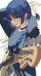 Rule 34 | 1girl, absurdres, adjusting hair, black choker, black shirt, blue hair, blurry, bocchi the rock!, breasts, character name, choker, dated, depth of field, electric guitar, groin, guitar, happy birthday, highres, instant (ioarthus), instrument, long sleeves, mole, mole under eye, mouth hold, shirt, short hair, sketch, small breasts, solo, underwear, yamada ryo, yellow eyes
