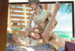 Rule 34 | 2boys, abs, anal, armpit hair, beach, black hair, bracelet, brown hair, chiizu namasu, cloud, command spell, completely nude, day, erection, facial hair, fate/grand order, fate (series), fujimaru ritsuka (male), goatee, hector (fate), highres, jewelry, legs up, lying, male focus, male penetrated, male pubic hair, multiple boys, navel, necklace, nipples, nude, on back, paid reward available, pectorals, penis, pubic hair, saliva, scar, sex, short hair, sky, sweat, toned, toned male, yaoi