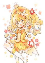 Rule 34 | 1girl, angel wings, animal, animal on head, big hair, bird, blonde hair, blue eyes, boots, bow, bowtie, brooch, candy (smile precure!), chick, chick costume, commentary request, cure peace, eggshell, eggshell hat, eyelashes, facial mark, floral background, flower, footwear ribbon, forehead mark, frilled skirt, frills, full body, hand up, hayashi (kanzume), heart, heart facial mark, high heel boots, high heels, high ponytail, holding, holding animal, jewelry, kise yayoi, knee boots, knees, light blush, long hair, magical girl, miniskirt, on head, open mouth, orange bow, orange bowtie, orange ribbon, orange wrist cuffs, pleated skirt, polka dot bowtie, precure, puffy short sleeves, puffy sleeves, red bow, red bowtie, red flower, ribbon, shirt, short sleeves, simple background, skirt, smile, smile precure!, solo, squatting, tiara, traditional bowtie, v, white arm warmers, white background, white footwear, white headwear, white wings, winged hat, wings, yellow eyes, yellow flower, yellow shirt, yellow skirt, yellow sleeves