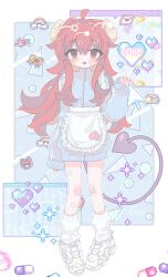 Rule 34 | 1girl, absurdres, ahoge, alternate costume, apron, arrow through heart, bandaid, bandaid on face, blue jacket, blush, bow, brown eyes, commentary request, curled horns, demon girl, demon horns, demon tail, envelope, frilled apron, frills, full body, hair between eyes, hair ornament, hairclip, hand up, heart, highres, horns, jacket, jersey maid, long hair, long sleeves, looking at viewer, loose socks, machikado mazoku, maid, open mouth, pill, pixelated, rainbow, red hair, rhythm sonoda, shoes, smile, sneakers, socks, solo, sparkle, standing, star (symbol), star hair ornament, tail, unconventional maid, waist apron, white apron, white footwear, white socks, yellow bow, yoshida yuuko (machikado mazoku)