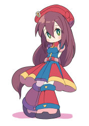 Rule 34 | 1girl, android, arms behind back, belt, beret, blush, breasts, brown hair, capcom, dress, full body, green hair, hair between eyes, hat, iris (mega man), long hair, looking to the side, low-tied long hair, medium breasts, mega man (series), mega man x4, mega man x (series), miyata (lhr), simple background, solo, standing, very long hair, white background