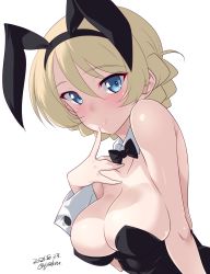 Rule 34 | 1girl, animal ears, artist name, bare shoulders, black bow, black bowtie, blonde hair, blue eyes, blush, bow, bowtie, braid, breasts, cleavage, closed mouth, darjeeling (girls und panzer), dated, fake animal ears, finger to mouth, french braid, girls und panzer, highres, kuzuryuu kennosuke, large breasts, leotard, looking at viewer, playboy bunny, rabbit ears, shiny skin, simple background, smile, solo, upper body, white background
