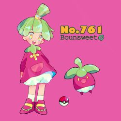 Rule 34 | 1girl, bad id, bad pixiv id, bloomers, blush, blush stickers, bounsweet, character name, child, creatures (company), dress, english text, female focus, flat chest, full body, game freak, gen 7 pokemon, green hair, hair tie, happy, long sleeves, looking down, narumame, nintendo, open mouth, personification, pink background, poke ball, poke ball (basic), poke ball theme, pokedex number, pokemon, pokemon (creature), purple dress, purple footwear, shoes, short dress, short hair, simple background, smile, socks, standing, teeth, text focus, topknot, underwear, white bloomers, white legwear, yellow eyes