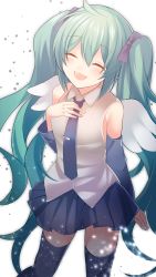 Rule 34 | 1girl, ^ ^, ^o^, absurdres, ahoge, angel wings, arm at side, bare shoulders, black skirt, black thighhighs, blue hair, blue necktie, blush, closed eyes, collared shirt, detached sleeves, eyebrows, grey shirt, hair ribbon, hand on own chest, hatsune miku, head tilt, highres, long hair, long sleeves, mofuruo, necktie, pleated skirt, purple ribbon, ribbon, shirt, simple background, skirt, solo, standing, thighhighs, twintails, very long hair, vocaloid, white background, white wings, wide sleeves, wing collar, wings, zettai ryouiki