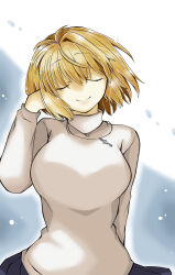 Rule 34 | 1girl, 2323astronomy, absurdres, antenna hair, arcueid brunestud, blonde hair, breasts, hair intakes, highres, large breasts, long skirt, long sleeves, purple skirt, short hair, single hair intake, skirt, smile, solo, sweater, tsukihime, tsukihime (remake), turtleneck, turtleneck sweater, white sweater