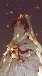 Rule 34 | 1girl, bare shoulders, blurry, blurry background, bridal veil, brown hair, character request, closed mouth, copyright request, crown, dress, frills, hair ornament, holding, ibuki satsuki, jewelry, jianxia qingyuan (series), jianxia qingyuan online 3, light particles, long sleeves, mouth veil, parted bangs, simple background, solo, star (symbol), veil, wavy hair, wedding dress, white dress, yellow eyes