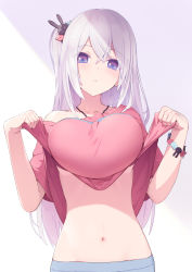 Rule 34 | 1girl, azumi akitake, bare shoulders, bracelet, breasts, clothes lift, commentary request, hair between eyes, hair ornament, highres, jewelry, large breasts, lifted by self, long hair, looking at viewer, navel, original, parted lips, pink shirt, purple eyes, rabbit hair ornament, shirt, shirt lift, simple background, solo, white background, white hair