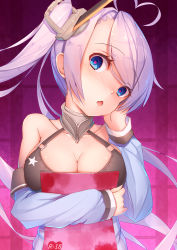 Rule 34 | 1girl, ahoge, azur lane, bare shoulders, bikini, bikini top only, blue eyes, blush, breasts, cleavage, collar, detached sleeves, fang, hand on own cheek, hand on own face, heart, heart-shaped pupils, heart ahoge, highres, large breasts, light purple hair, long hair, looking at viewer, nose blush, open mouth, portland (azur lane), side ponytail, sleeves past wrists, solo, swept bangs, swimsuit, symbol-shaped pupils, tatapopo, upper body, very long hair