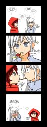 Rule 34 | 2girls, 4koma, :3, :t, blush, comic, eating, english text, food, grey eyes, highres, lunarisaileron, multiple girls, pocky, pocky kiss, red hair, ruby rose, rwby, shared food, side ponytail, simple background, weiss schnee, white background, white hair