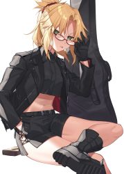Rule 34 | 1girl, absurdres, belt, black footwear, black gloves, black jacket, black shirt, black shorts, blonde hair, boots, braid, breasts, crop top, crossed legs, fate/apocrypha, fate (series), french braid, glasses, gloves, green eyes, guitar case, hair ornament, hair scrunchie, highres, instrument case, jacket, kan&#039;yu (citron 82), knee boots, long hair, long sleeves, looking at viewer, midriff, mordred (fate), mordred (fate/apocrypha), navel, open clothes, open jacket, parted bangs, ponytail, scrunchie, shirt, shorts, sidelocks, sitting, small breasts, solo, thighs, tongue, tongue out