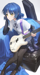Rule 34 | 1girl, black pantyhose, black ribbon, black sleeves, blue hair, blue skirt, bocchi the rock!, brown footwear, closed mouth, collared shirt, commentary, couch, elbow rest, expressionless, full body, grey background, guitar, guitar case, hair ornament, hairclip, hand in own hair, hand up, highres, holding, holding instrument, instrument, instrument case, knees together feet apart, layered sleeves, leaning forward, leaning to the side, light blush, loafers, long sleeves, looking at viewer, medium hair, miniskirt, mole, mole under eye, neck ribbon, on couch, pantyhose, pleated skirt, ribbon, shirt, shoes, simple background, sitting, skirt, solo, ttk (kirinottk), wavy hair, wavy mouth, white shirt, wing collar, yamada ryo, yellow eyes, yellow pupils