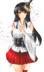 Rule 34 | 10s, 1girl, bare shoulders, black hair, breasts, detached sleeves, en (paorasuteki), fusou (kancolle), hair ornament, hand on own chest, japanese clothes, kantai collection, long hair, nontraditional miko, obi, open mouth, petals, red eyes, sash, skirt, smile, solo