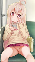 Rule 34 | 1girl, ahoge, bag, blush, bottomless, brown eyes, brown sweater, cellphone, cleft of venus, closed mouth, commentary request, feet out of frame, genderswap, genderswap (mtf), hair between eyes, head tilt, highres, holding, holding phone, light brown hair, long hair, long sleeves, nenosame, no panties, nude filter, onii-chan wa oshimai!, oyama mahiro, phone, pink skirt, puffy long sleeves, puffy sleeves, pussy, sitting, skirt, sleeves past wrists, solo, sweater, third-party edit, train interior, upskirt, very long hair