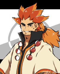 Rule 34 | 1boy, alder (pokemon), black eyes, bright pupils, commentary request, creatures (company), facial hair, game freak, hair tie, jewelry, long hair, looking at viewer, male focus, multicolored hair, necklace, nintendo, orange hair, poke ball, pokemon, pokemon bw, poncho, ponytail, popped collar, sanwari (aruji yume), smile, solo, spiked hair, two-tone hair, upper body, white pupils