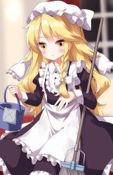 Rule 34 | 1girl, alternate costume, apron, black dress, blonde hair, blush, bucket, commentary request, dress, enmaided, hat, highres, holding, holding mop, indoors, juliet sleeves, kirisame marisa, long hair, long sleeves, maid, mob cap, mop, open mouth, puffy sleeves, ruu (tksymkw), solo, touhou, very long hair, waist apron, white apron, white hat, yellow eyes