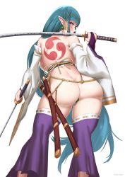 Rule 34 | 1girl, absurdly long hair, aqua hair, ass, back, bridal gauntlets, butt plug, commentary, commission, detached sleeves, dual wielding, earrings, elf, english commentary, from behind, hair ornament, hakama, hakama pants, hakama skirt, highres, holding, huge ass, japanese clothes, jewel butt plug, jewelry, katana, kirinkirin, long hair, lyris saionji (zahylon), magatama, magatama earrings, nontraditional miko, obi, original, over shoulder, pants, pink eyes, pointy ears, revealing clothes, sash, scabbard, sex toy, sheath, shoulder blades, simple background, skirt, sword, sword behind back, sword over shoulder, tattoo, thick thighs, thighs, tomoe (symbol), very long hair, weapon, weapon over shoulder